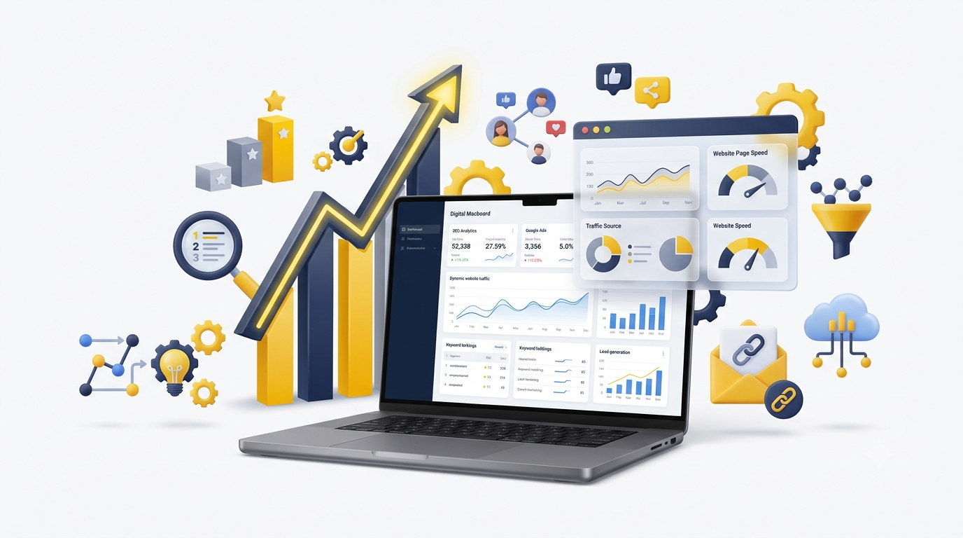 An infographic-style 3D illustration of a laptop on a white background, featuring various charts and graphs on the screen. The surrounding space is populated by several 3D icons, including a large upward-pointing arrow indicating growth, gears, chat bubbles, a funnel, social media elements, and a cloud.