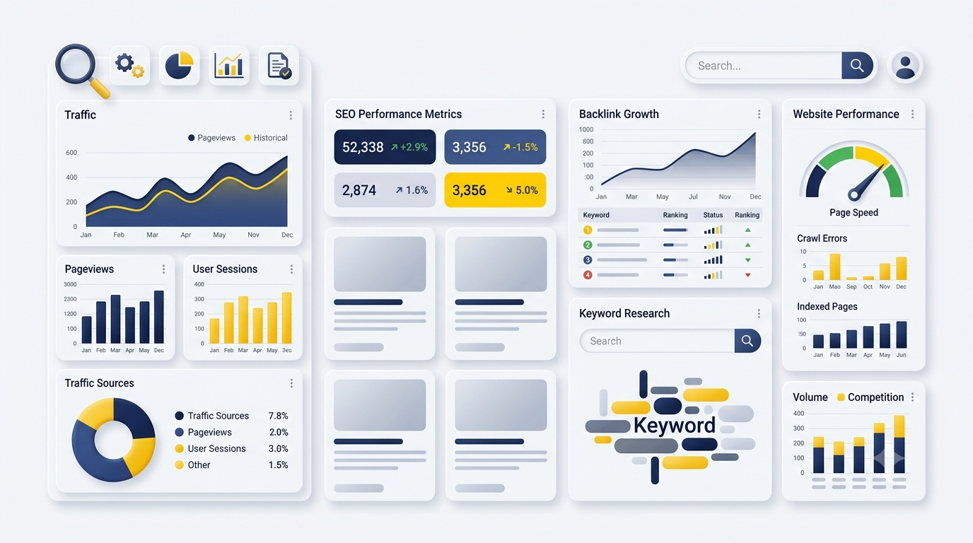 Web analytics dashboard displaying key digital marketing data: Traffic charts, SEO performance metrics, keyword ranking table, and website speed performance widgets in a clean 3D design.