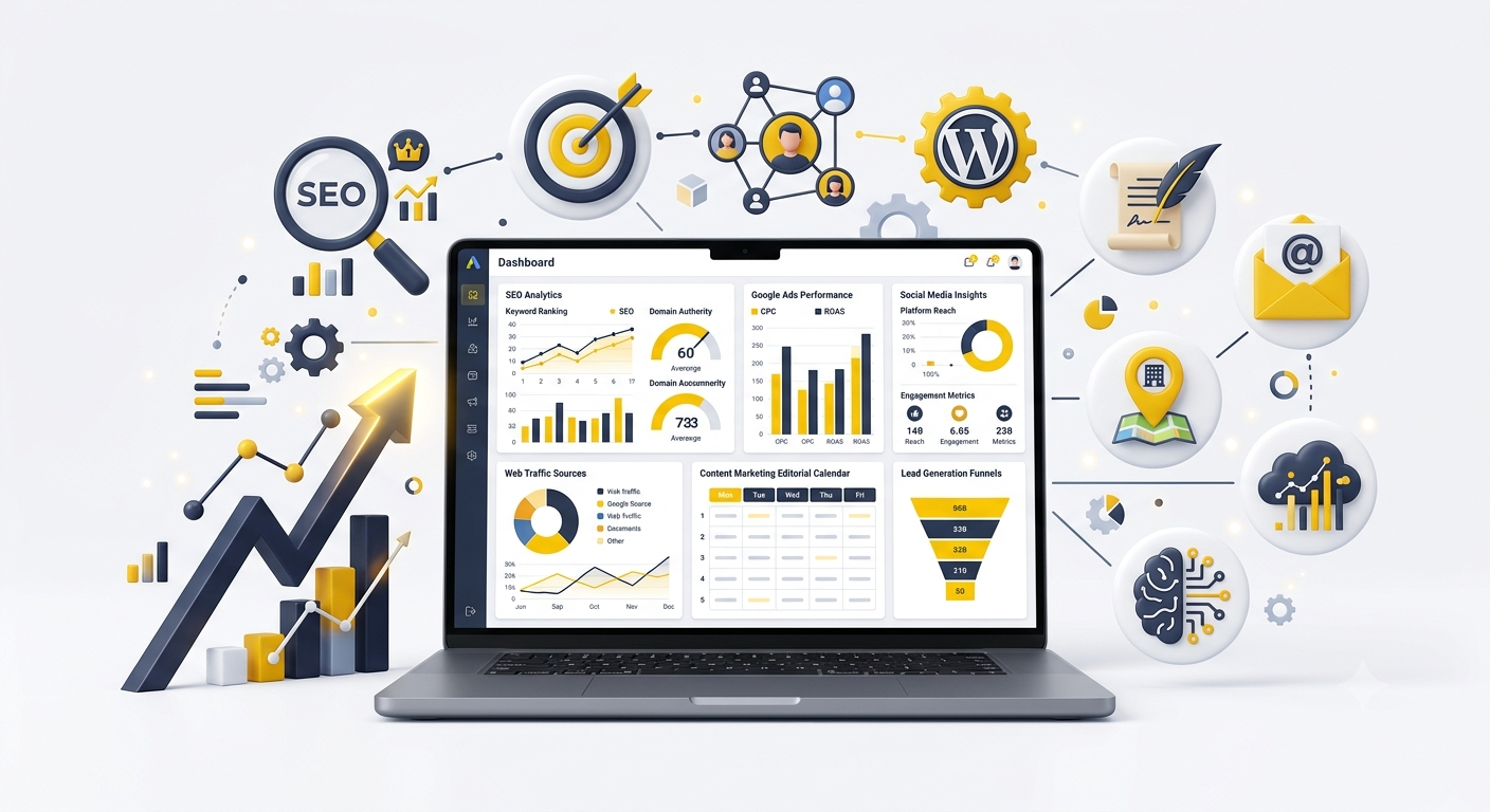 A 3D isometric illustration set against a clean white background, centered on an open gray laptop displaying a detailed "Dashboard" interface with diverse data visualizations including an SEO analytics line graph, a bar chart of Google Ads performance, a pie chart of web traffic sources, a content marketing calendar, a social media engagement donut chart, and a lead generation funnel. Surrounding the laptop are floating, interconnected stylized icons representing specific digital marketing and business concepts. On the left: a rising bar chart and a growth arrow with gears, a magnifying glass with an "SEO" label and charts. Above and top-right: a bullseye target with arrow, a user network, a gear with a "W" (WordPress), a quill and paper, and an envelope with an "@" symbol. On the right: a map pin with a building and location map, a cloud with a bar chart, a stylized human brain with circuits, and another funnel, all connected by yellow lines. The overall style is clean, modern, with a vibrant yellow, navy blue, and white color scheme.