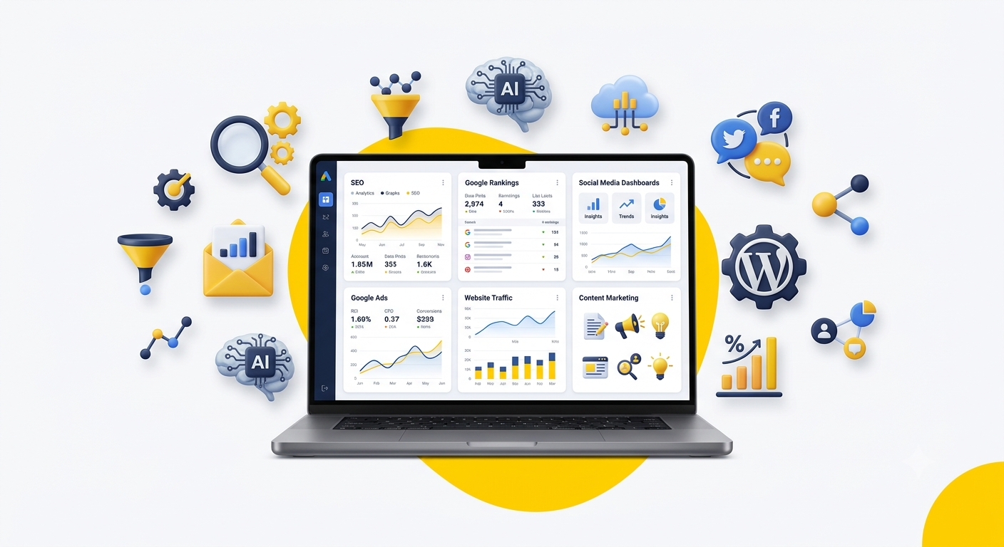Digital marketing blog with SEO analytics dashboard and marketing tools