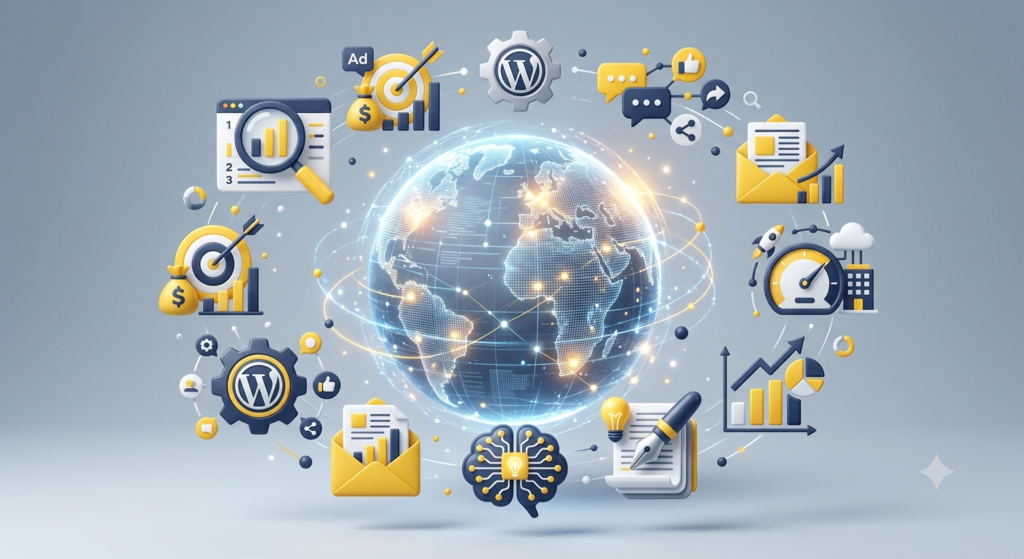 A 3D infographic illustration of a digital globe surrounded by orbiting icons representing digital services. The globe is a wireframe network of connections. Orbiting it are icons for SEO (magnifying glass over bar charts), Advertising (bullseye with dollar signs), Content Writing (pen and paper with a lightbulb), AI (brain-inspired circuit with a lightbulb), and WordPress (WordPress logo on gears). The style is clean, modern, with a yellow, blue, and white color palette against a gradient gray background.