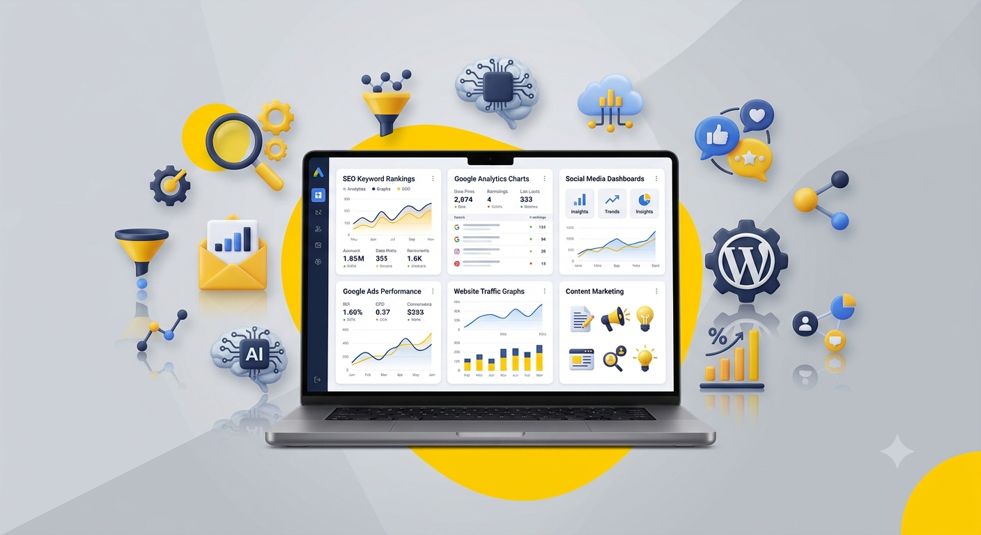 3D digital marketing illustration featuring a laptop displaying a comprehensive dashboard for SEO, Google Analytics, Google Ads, and social media metrics, surrounded by floating icons for AI, content marketing, and WordPress.